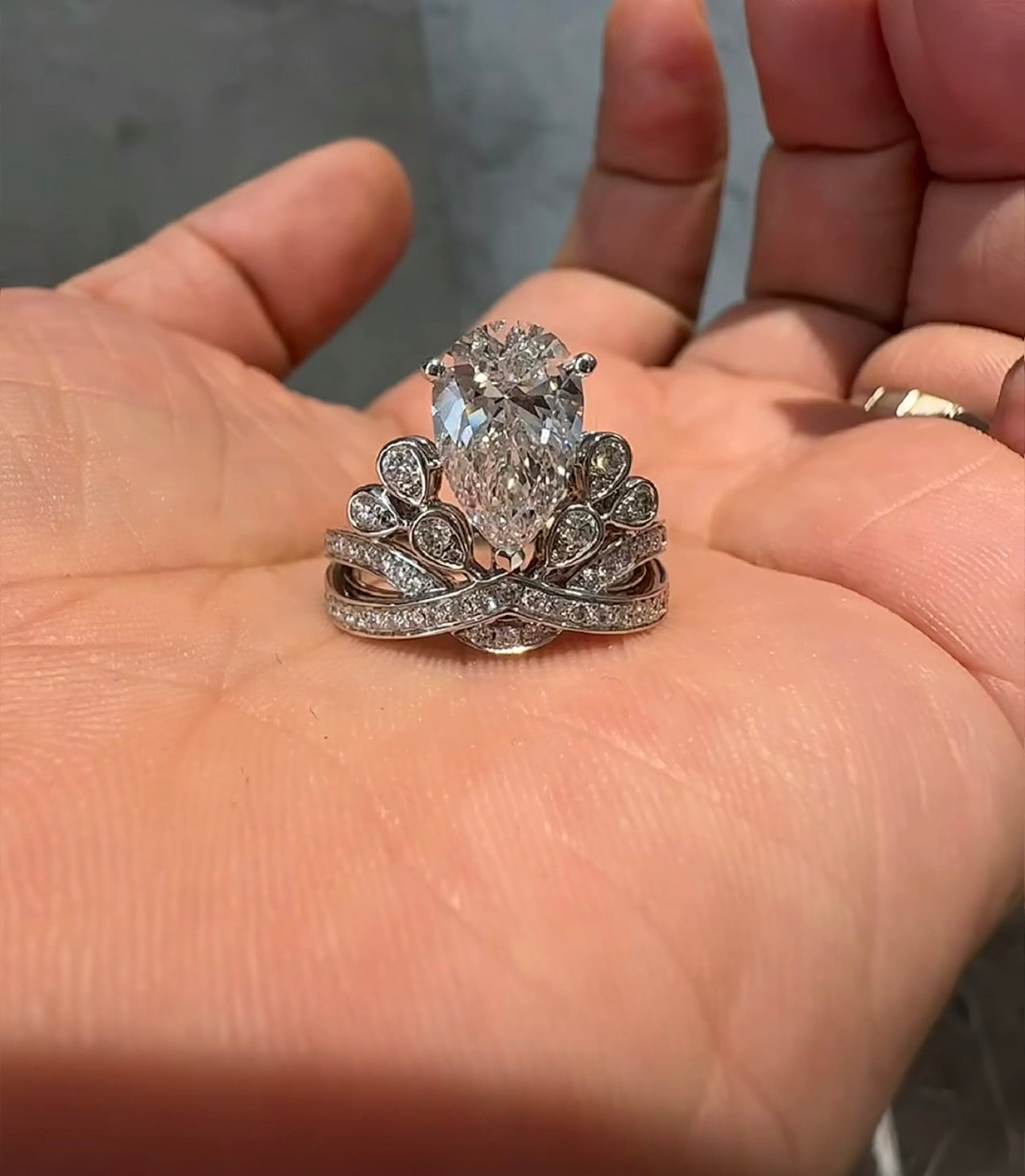 3 CT Pear Cut Lab Diamond Crown Ring 18K White Gold