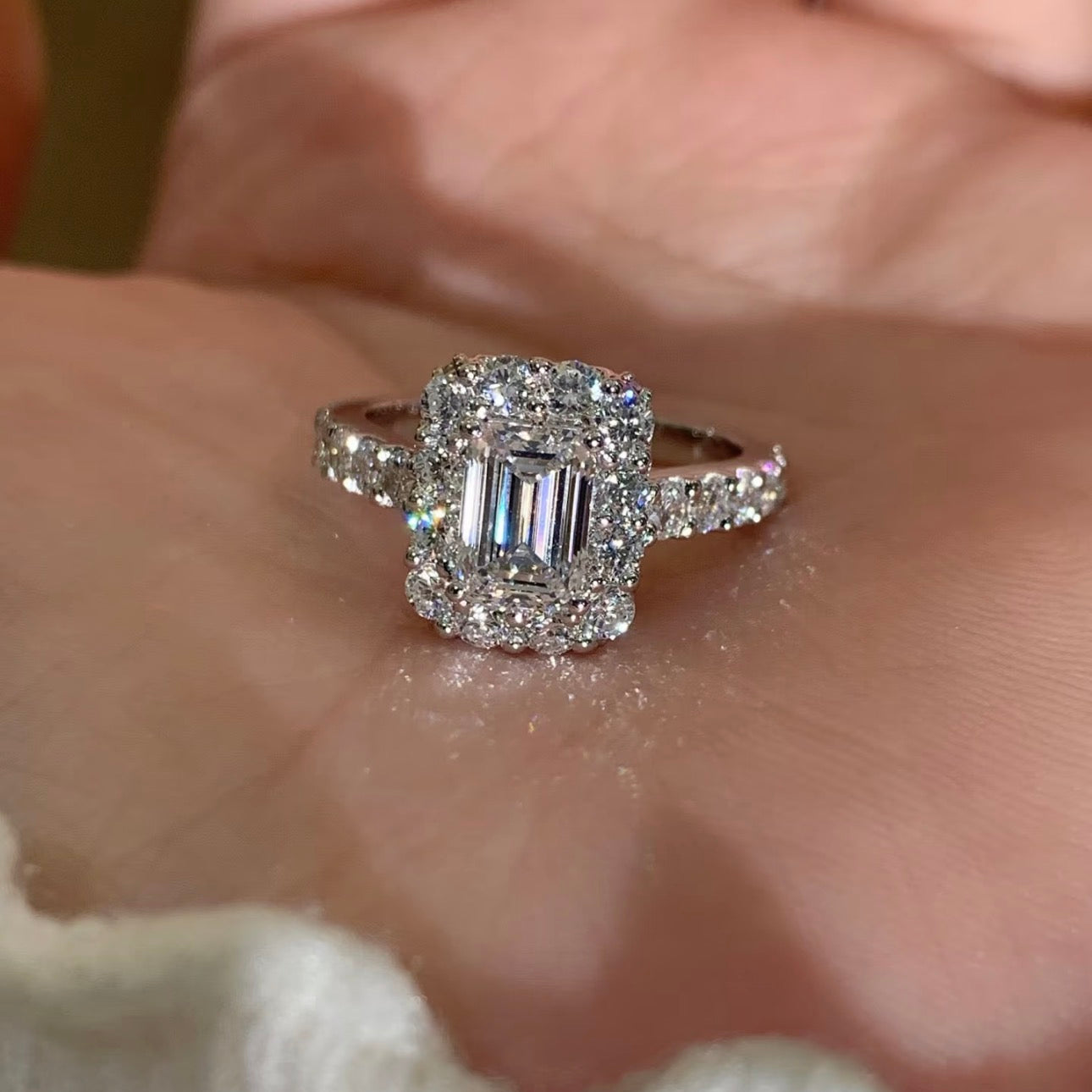 1.1 CT Emerald Cut Lab Diamond Ring 18K White Gold