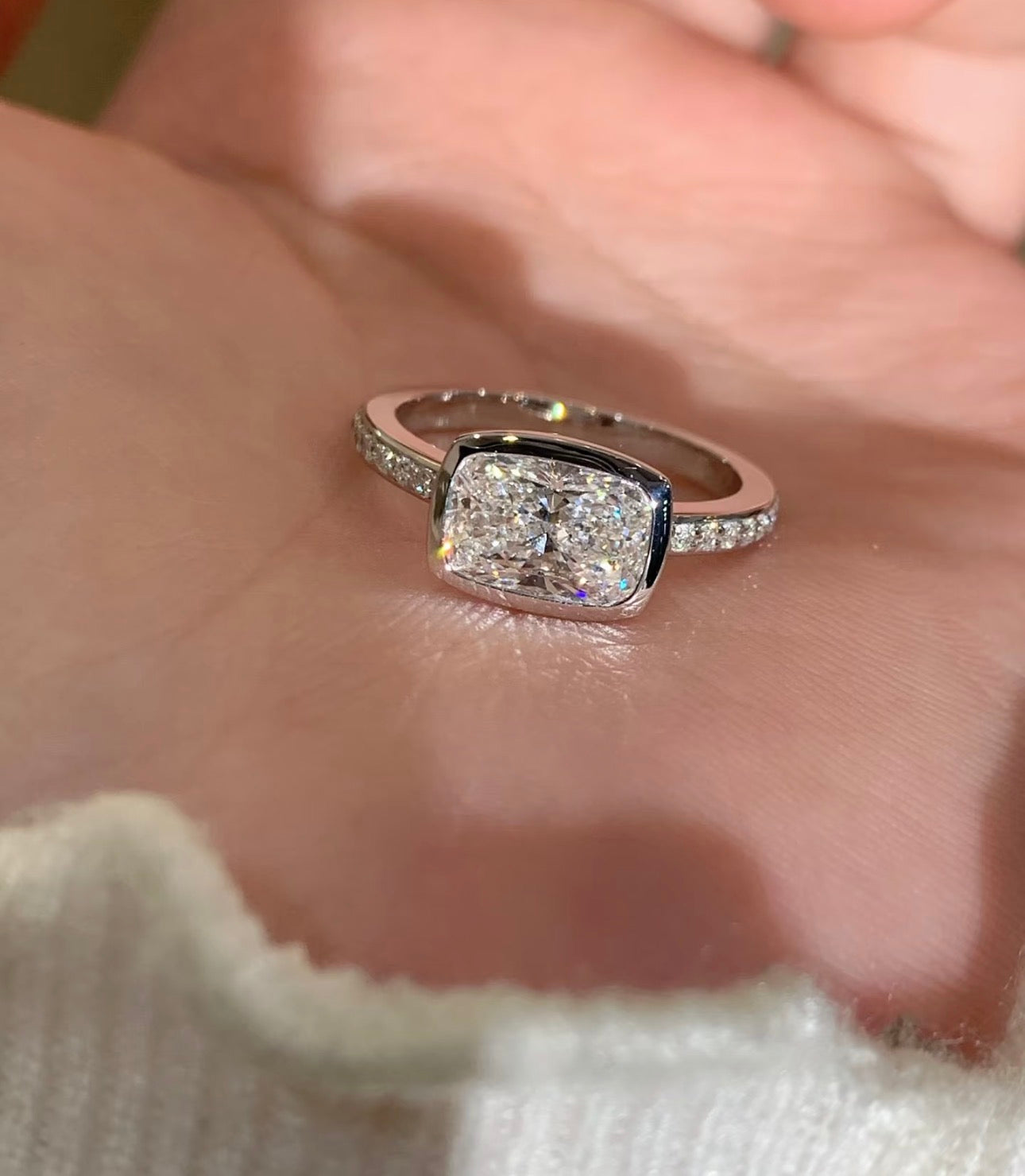 3 CT Elongated Cushion Lab Diamond Ring 18K White Gold