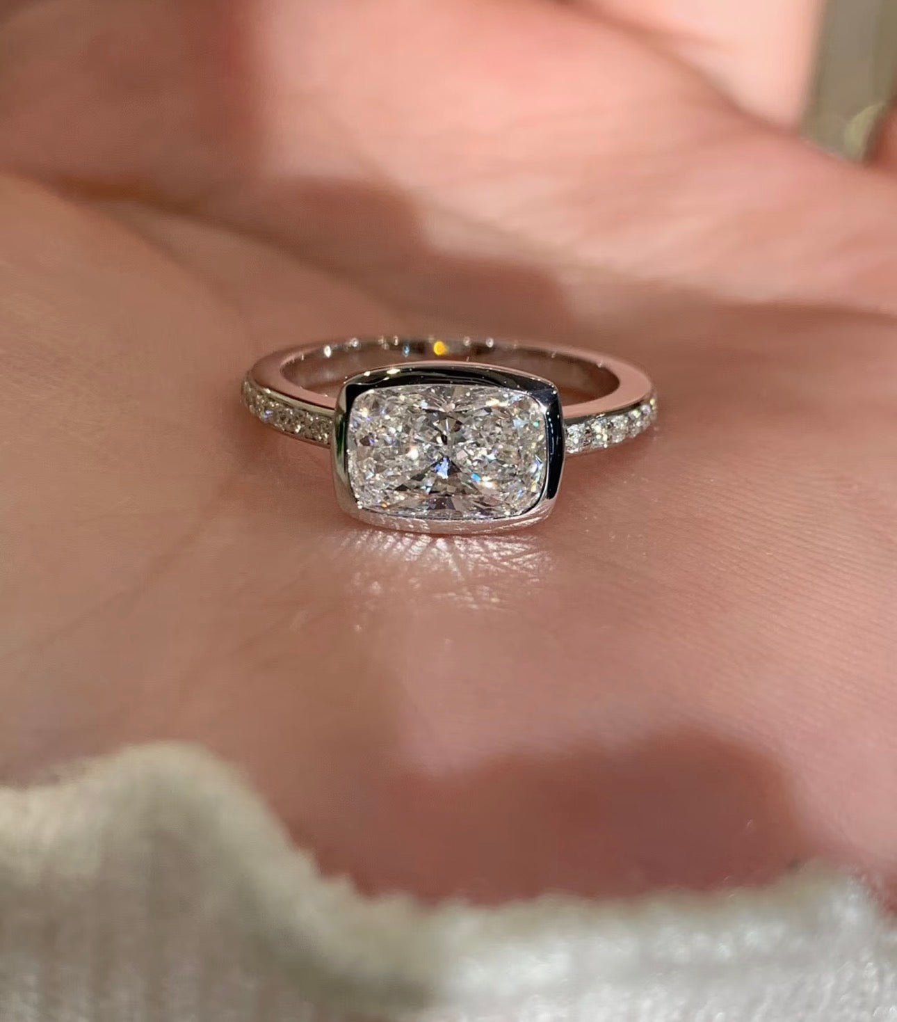 3 CT Elongated Cushion Lab Diamond Ring 18K White Gold